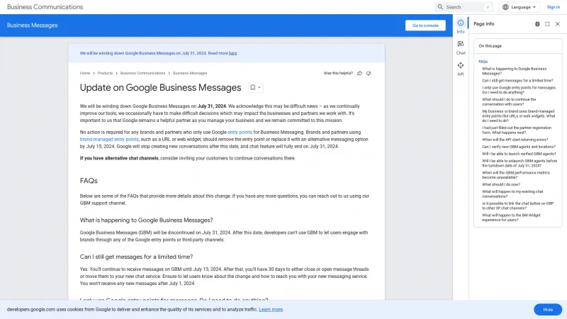 Homepage of Google Business Messages