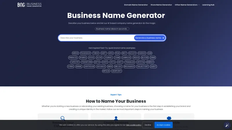 Homepage of Business Name Generator