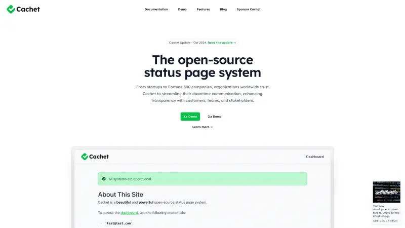 Homepage of Cachet