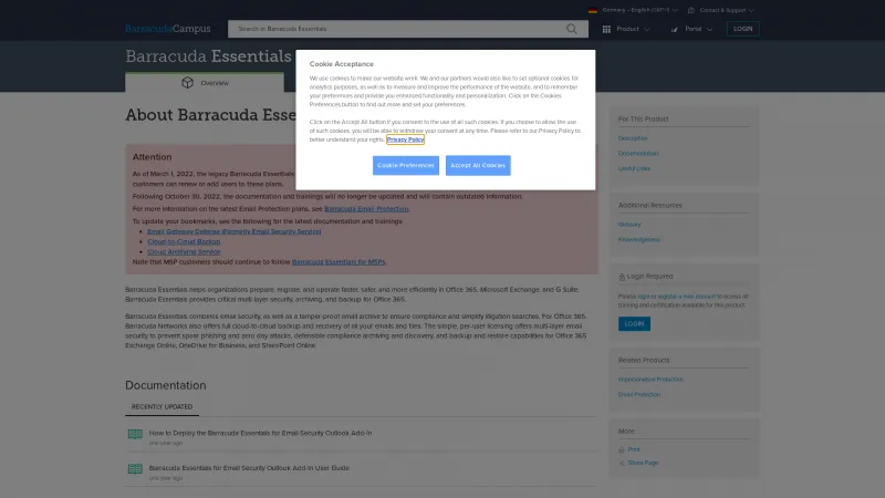 Homepage of Barracuda Essentials