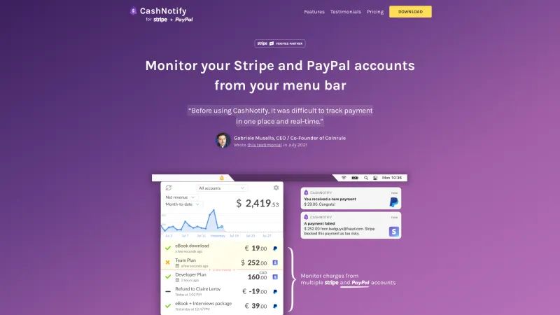 Homepage of CashNotify