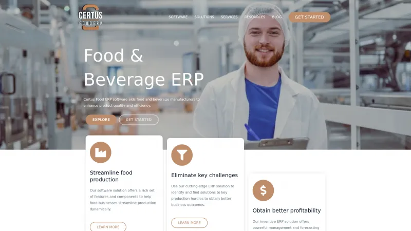 Homepage of Certus Food ERP