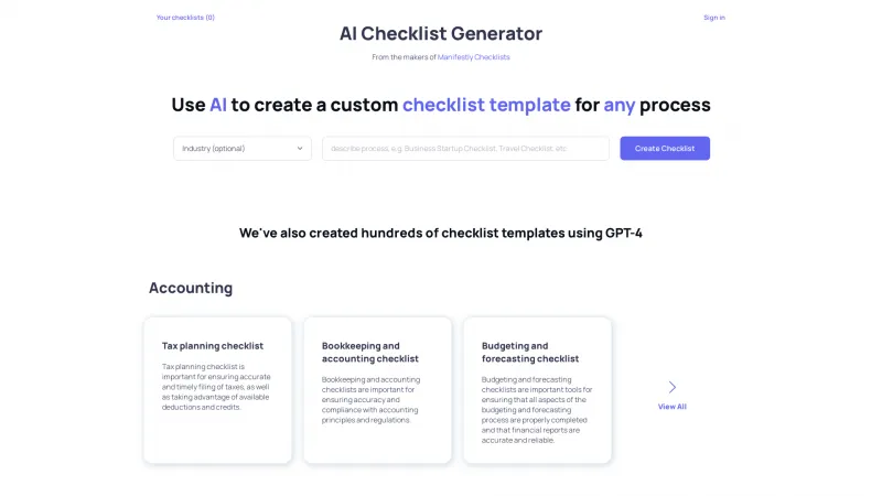 Homepage of AI Checklist Generator