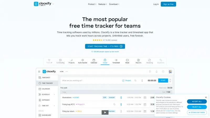 Homepage of Clockify