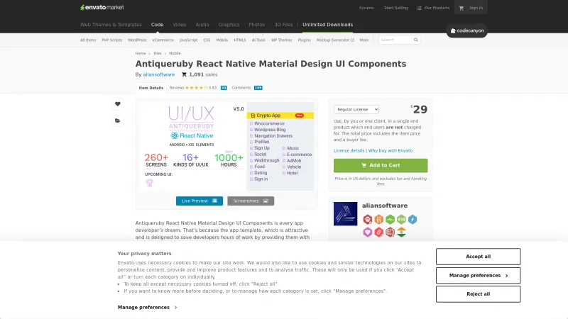 Homepage of Antiqueruby React Native Material Design UI