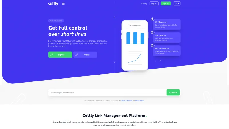 Homepage of Cuttly