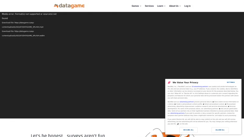 Homepage of Datagame