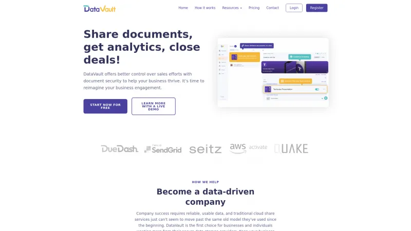 Homepage of DataVault