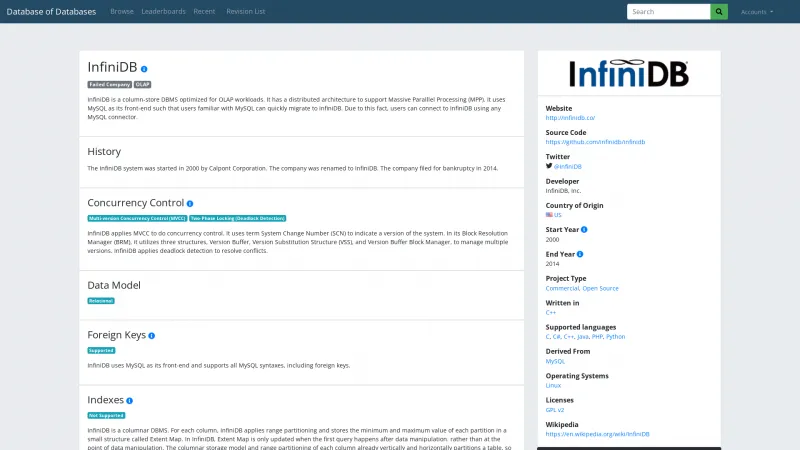 Homepage of InfiniDB