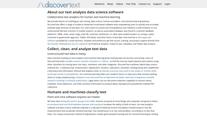 Homepage of DiscoverText