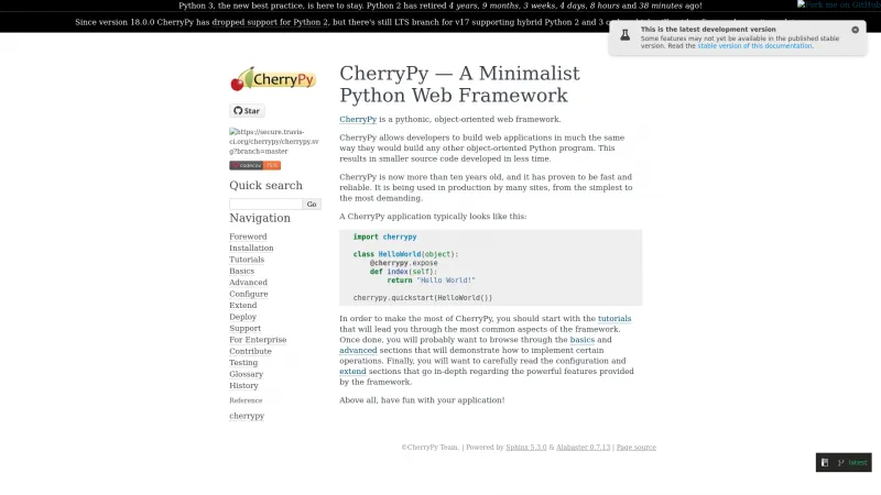 Homepage of CherryPy