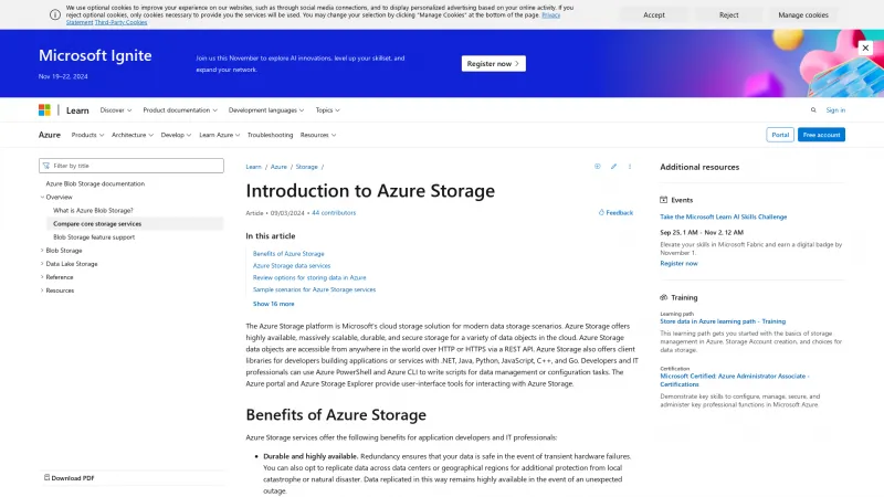 Homepage of Azure Storage