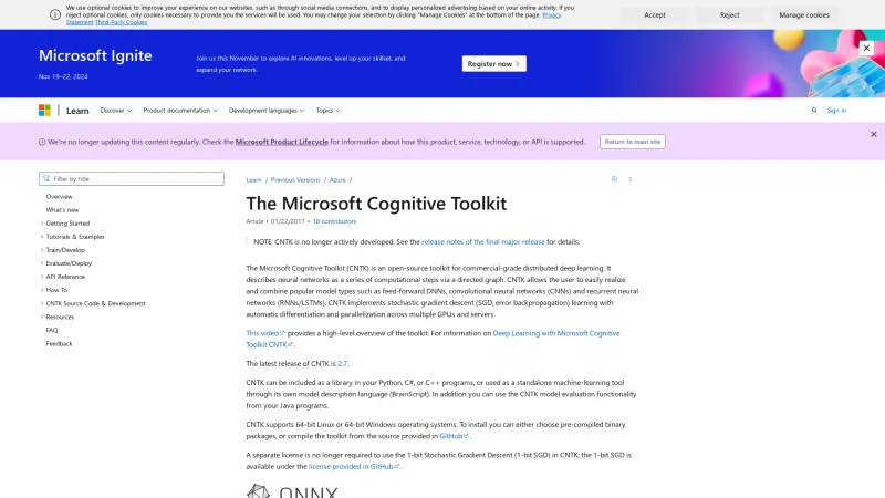 Homepage of Microsoft Cognitive Toolkit