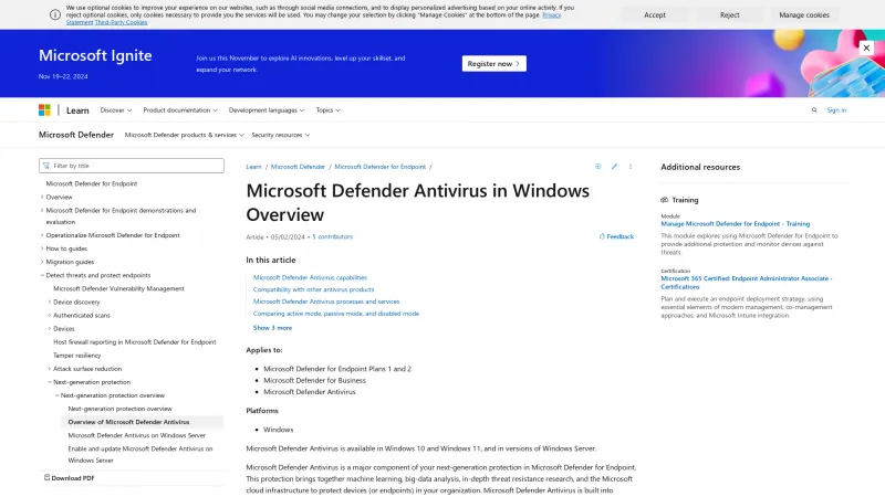 Homepage of Microsoft Defender Antivirus