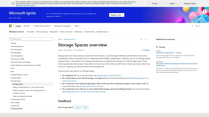 Homepage of Microsoft Storage Spaces