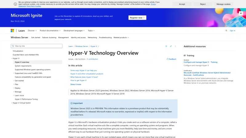 Homepage of Microsoft Hyper-V