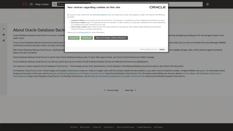 Homepage of Oracle Database Backup Cloud Service