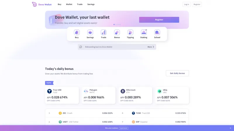 Homepage of Dove Wallet