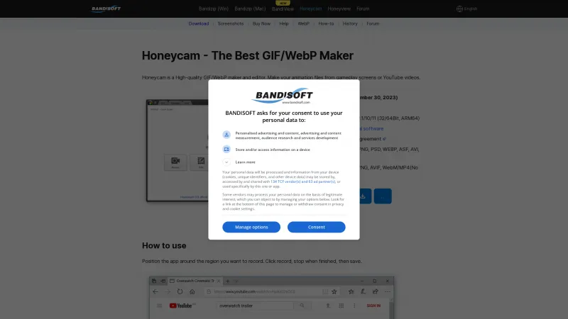 Homepage of Honeycam