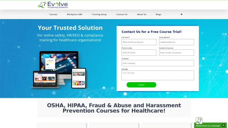 Homepage of Evolve Learning Manager