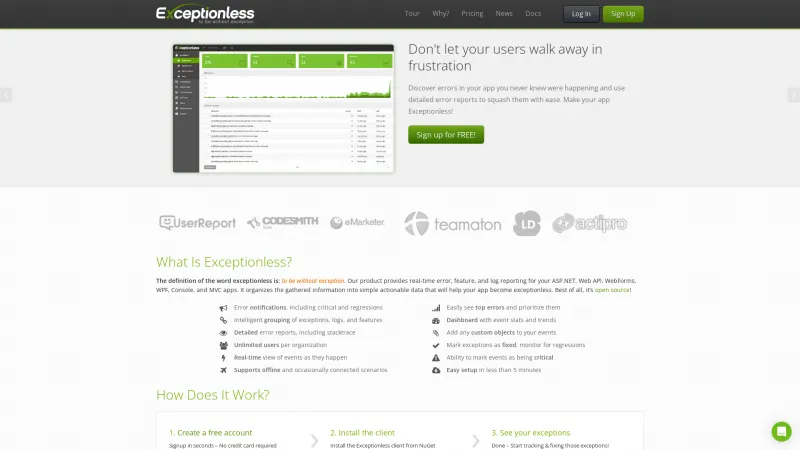 Homepage of Exceptionless