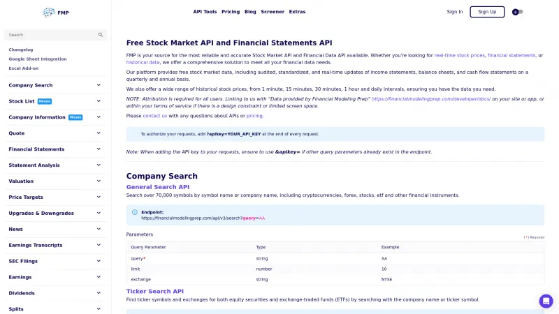 Homepage of Financial Modeling Prep