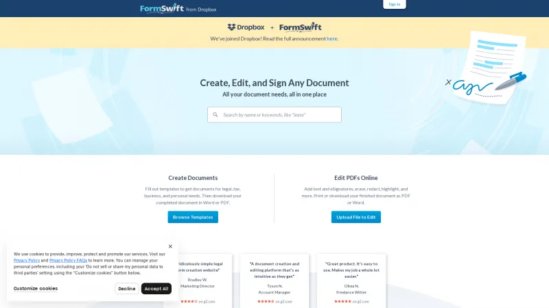 Homepage of FormSwift