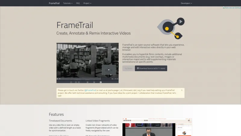 Homepage of FrameTrail