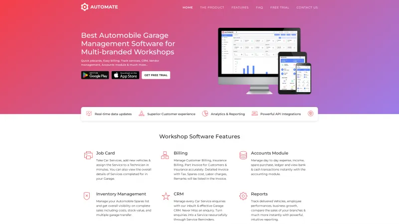 Homepage of AUTOMATE Garage Management Software