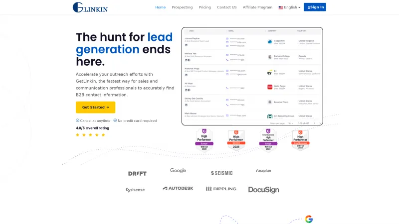 Homepage of GetLinkin