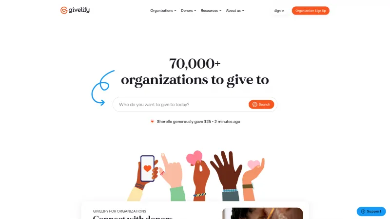 Homepage of Givelify