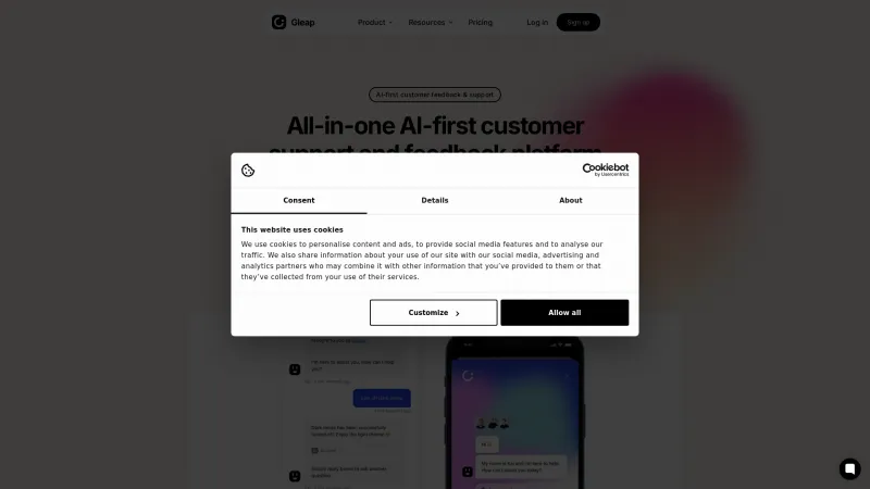 Homepage of Gleap