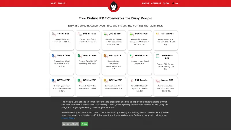 Homepage of GorillaPDF