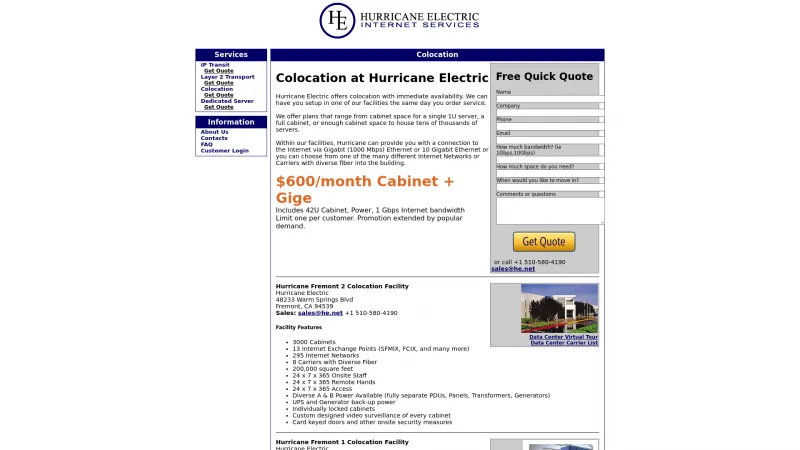 Homepage of Hurricane Electric