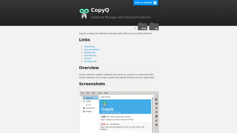 Homepage of CopyQ