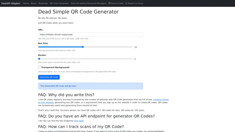 Homepage of Dead Simple QR Code Generator