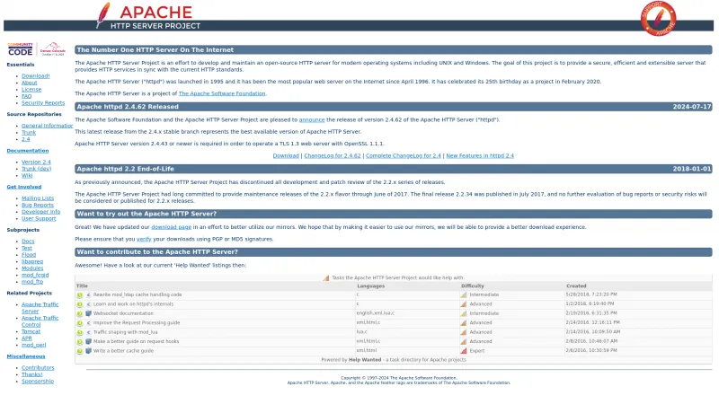 Homepage of Apache HTTP Server