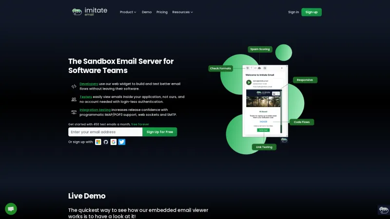 Homepage of Imitate Email