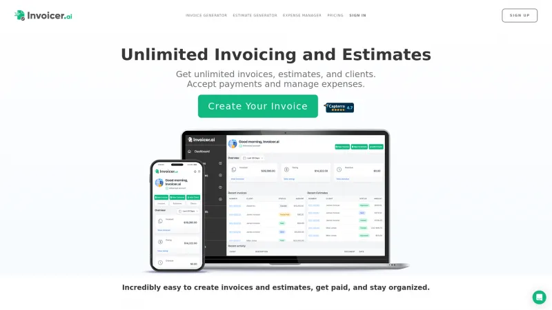 Homepage of Invoicer