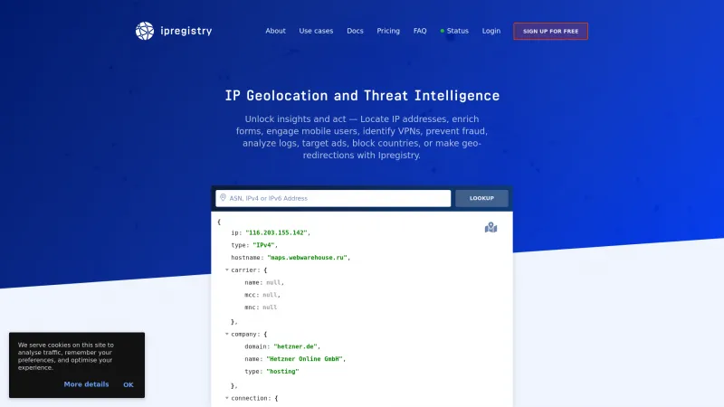 Homepage of Ipregistry