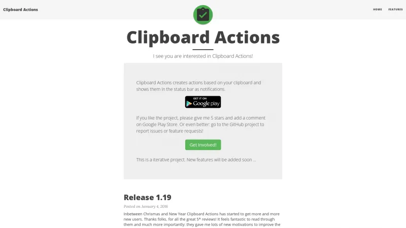 Homepage of Clipboard Actions