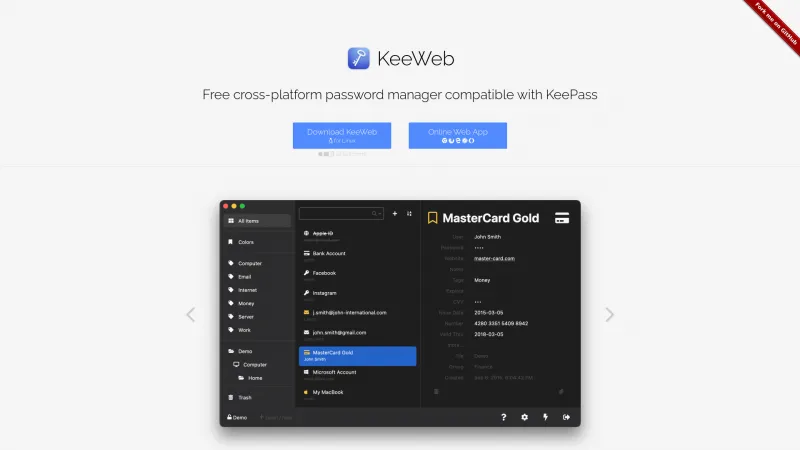 Homepage of KeeWeb