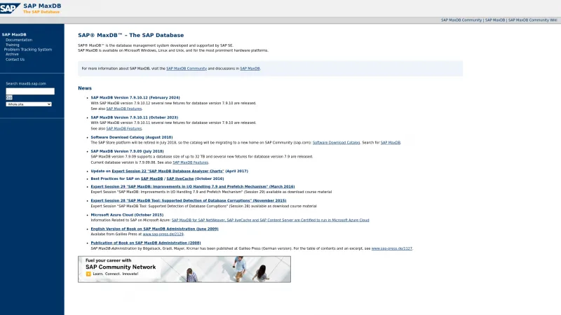 Homepage of SAP MaxDB