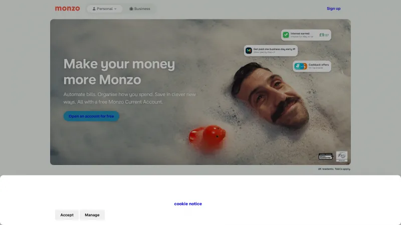 Homepage of Monzo