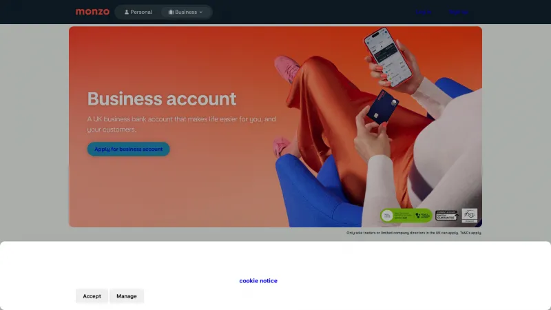 Homepage of Monzo Business