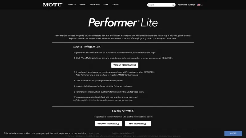 Homepage of Performer Lite