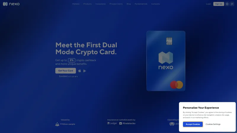 Homepage of Nexo Card