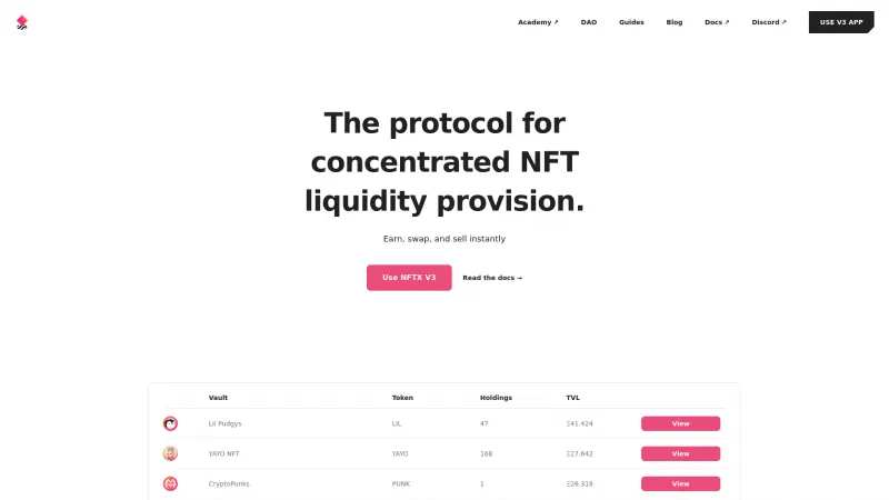 Homepage of NFTX