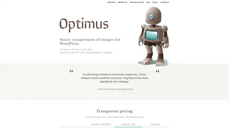 Homepage of Optimus Image Optimizer