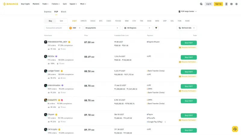 Homepage of Binance P2P